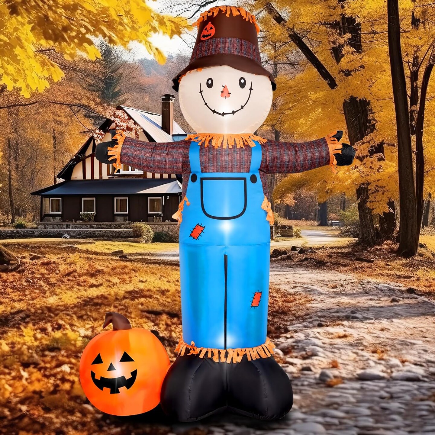 8FT Fall Inflatables Scarecrow with Pumpkin and Built-in LEDs