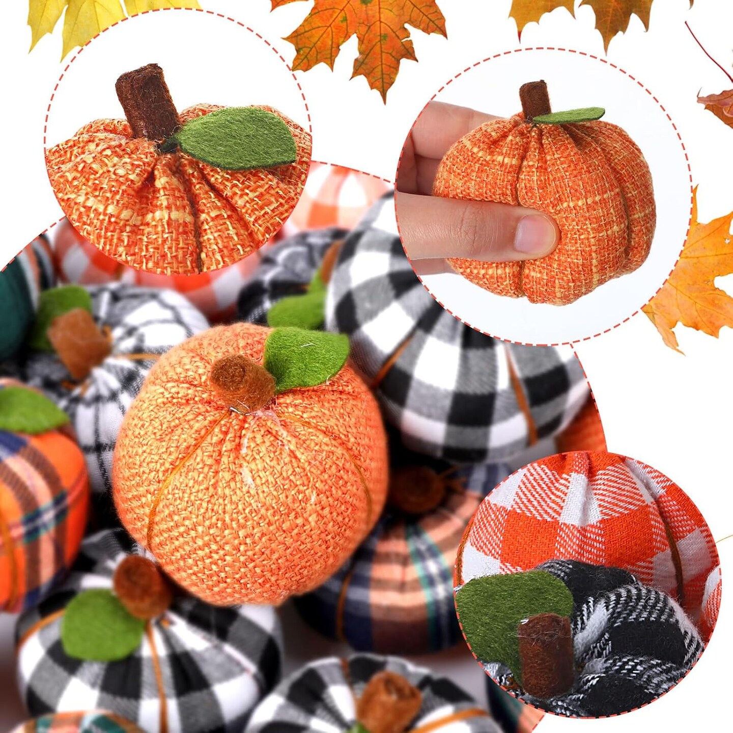 18 Pcs Assorted Fall Artificial Fabric Pumpkins Decoration Mini Buffalo Plaid Faux Harvest White Pumpkins
