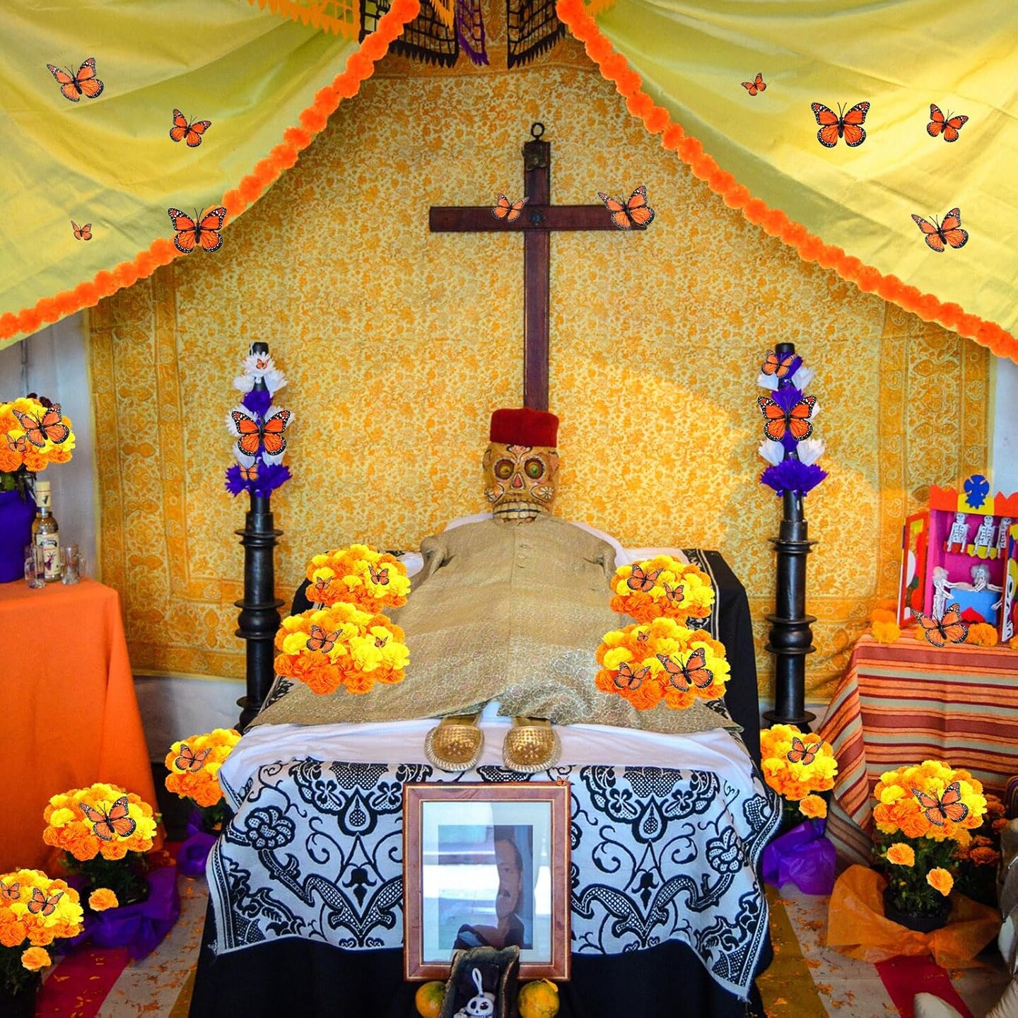 120 Pcs Day of The Dead Decorations - Flowers with Butterflies (Orange, Yellow)
