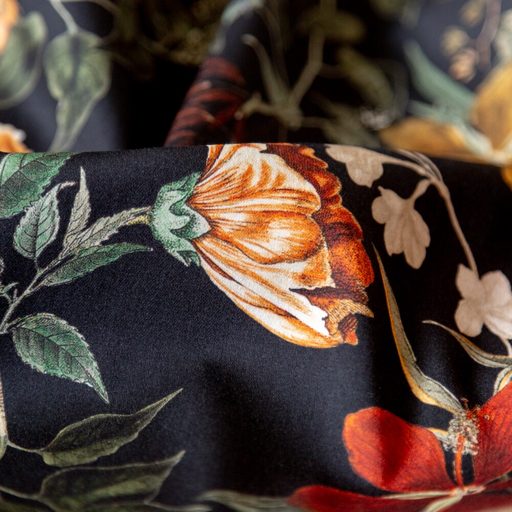 1 Yard Black Floral Garden of Earthly Delights Stretch Cotton Sateen Fabric