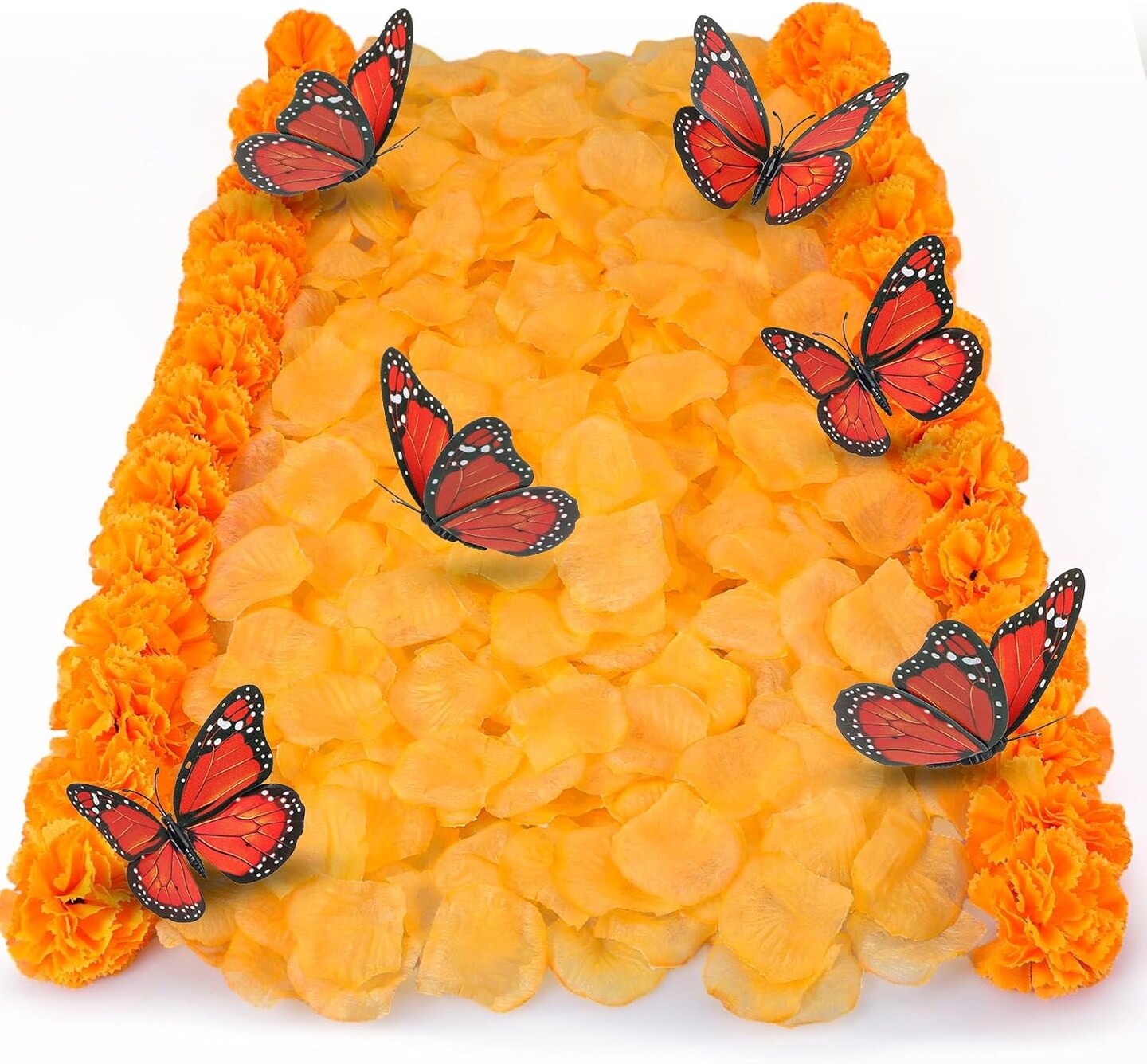 Day of the Dead Decors - 50 Pcs Marigold Flowers, 12 Artificial Butterflies, 500 Orange Flower Petals