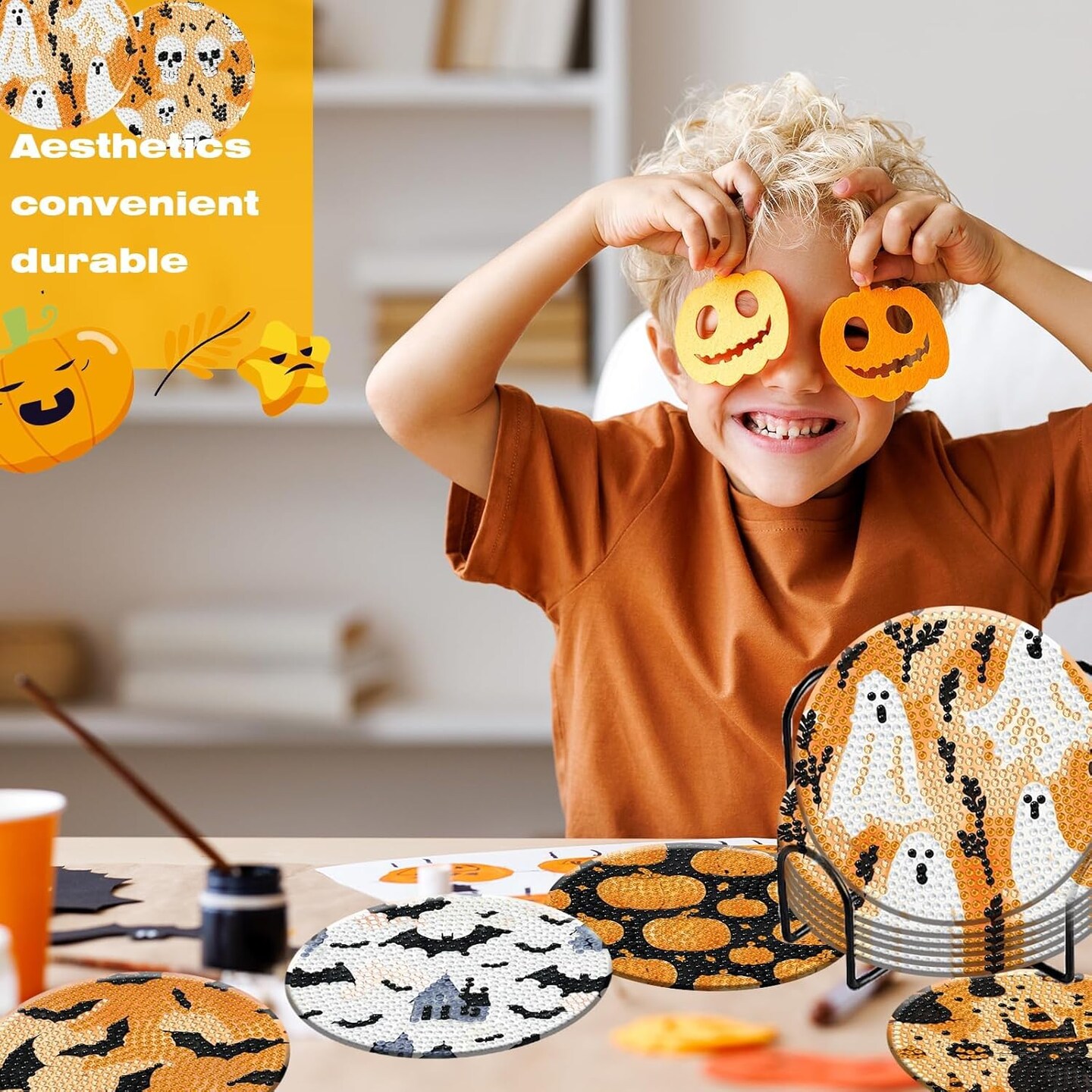 8 Pieces Halloween Diamond Art Coasters with Holder – 5D Full Drill DIY Diamond Dot Coaster Kit for Adults, Halloween Gift & Table Decor