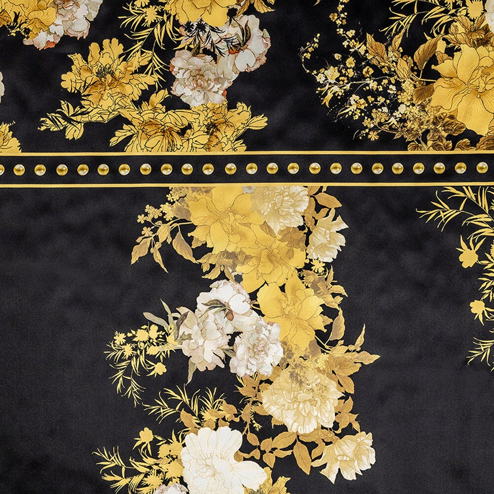 1 Panel Exclusive Gold and Black Silk Charmeuse 53" Wide Floral Border Print for Dresses & Blouses