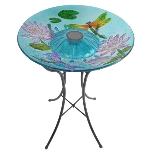 Decorative Glass Bird Bath with Solar Powered LED Light and Metal Stand for Garden Patio