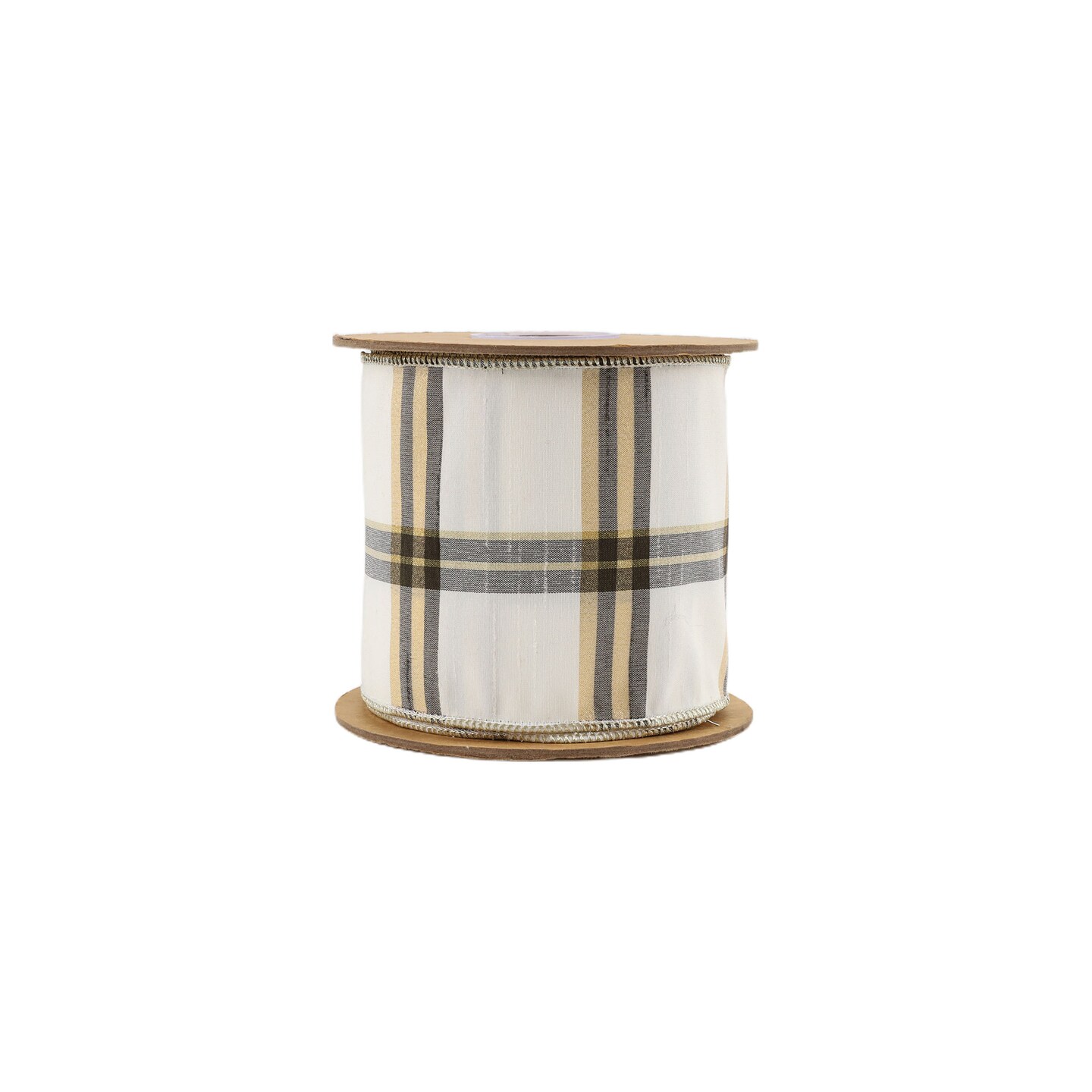 LaRibbons 4" - 2 1/2" Wired Ribbon | Ivory/Black/Gold Plaid | 10 Yard Roll