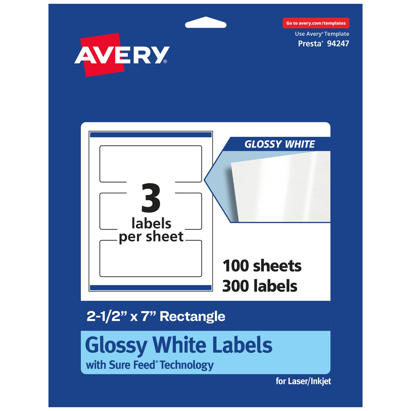 Avery Glossy White Rectangle Labels with Sure Feed, 2.5" x 7"