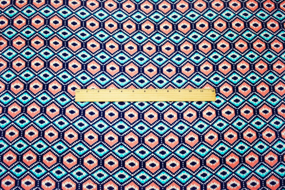 Coral-Teal-Multi Cotton Aztec Border Printed Dobby Woven Fabric By the Yard