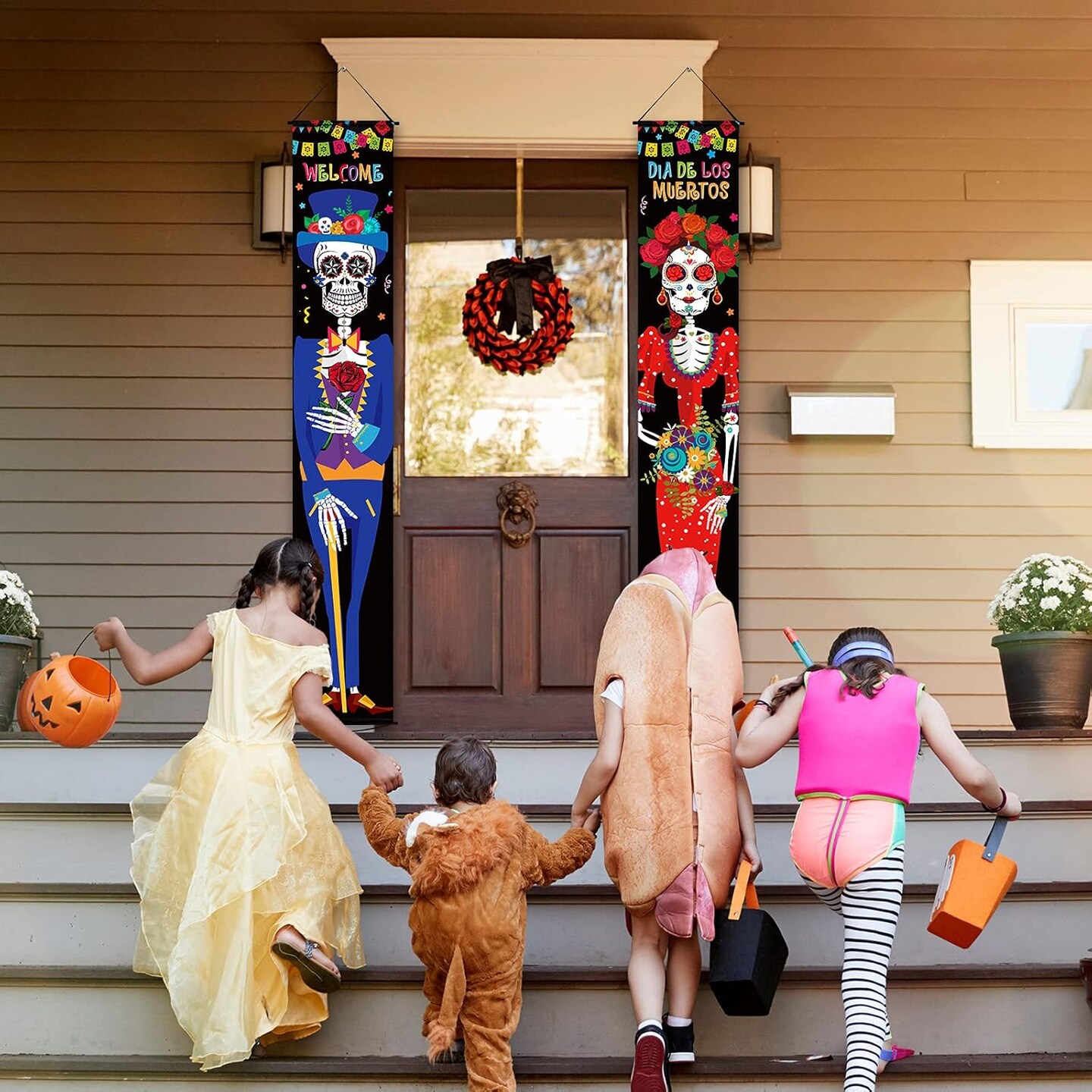2 Pieces Day of The Dead Porch Sign Dia De Los Muertos(Multicolor)70.9"L x 11.8"W