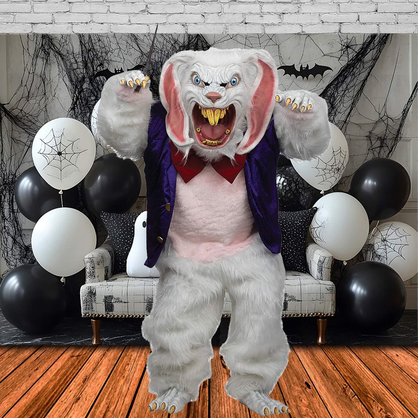 Adult Mega Bunny Costume White Jumpsuit with Vest Bow Tie Latex Hands Feet and Mask
