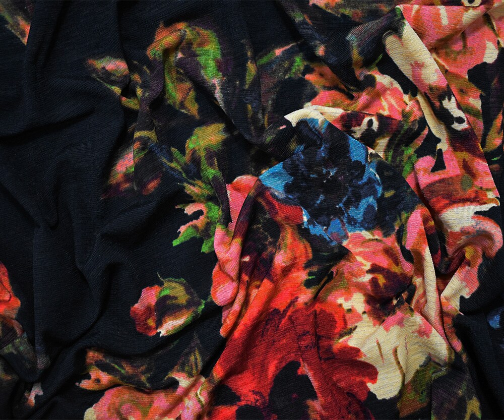 Black-Multi Poly Floral Print Stretch Spandex Onion Skin Jersey Knit Fabric By the Yard