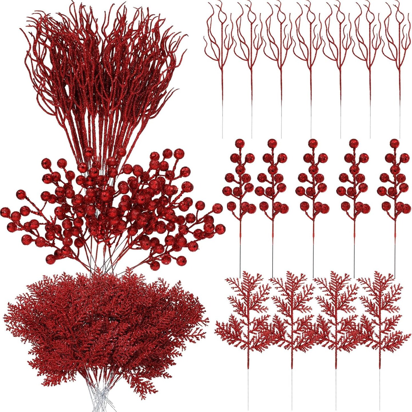 Artificial Christmas Picks Berries Stems Pine Needles(red)