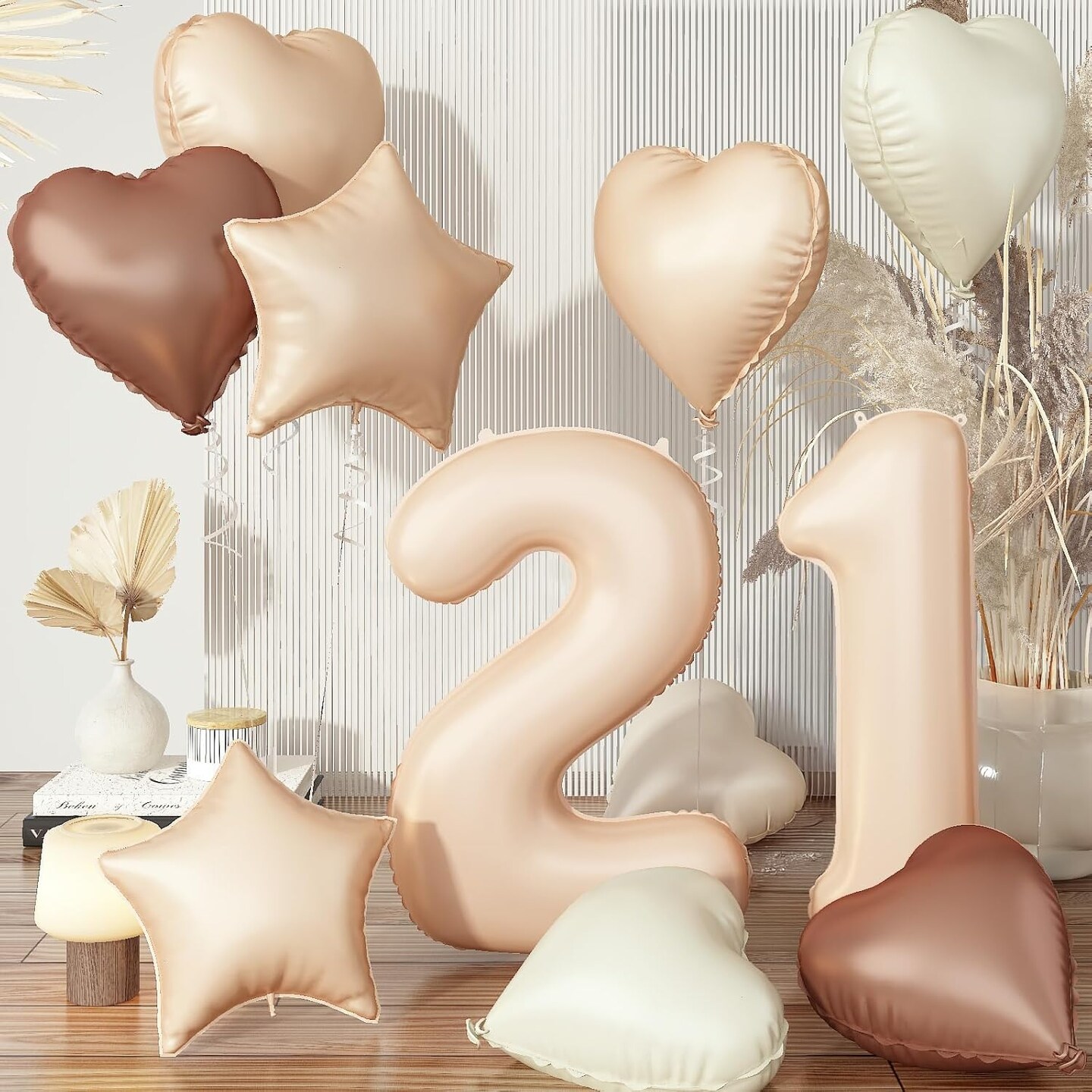 21st Birthday Balloon Set – 21 Beige, Nude, and Taupe Foil Balloons with Numbers, Hearts, Stars | Neutral Sand, Cream, White & Tan Party Decorations for Women, Men, Weddings & Anniversaries