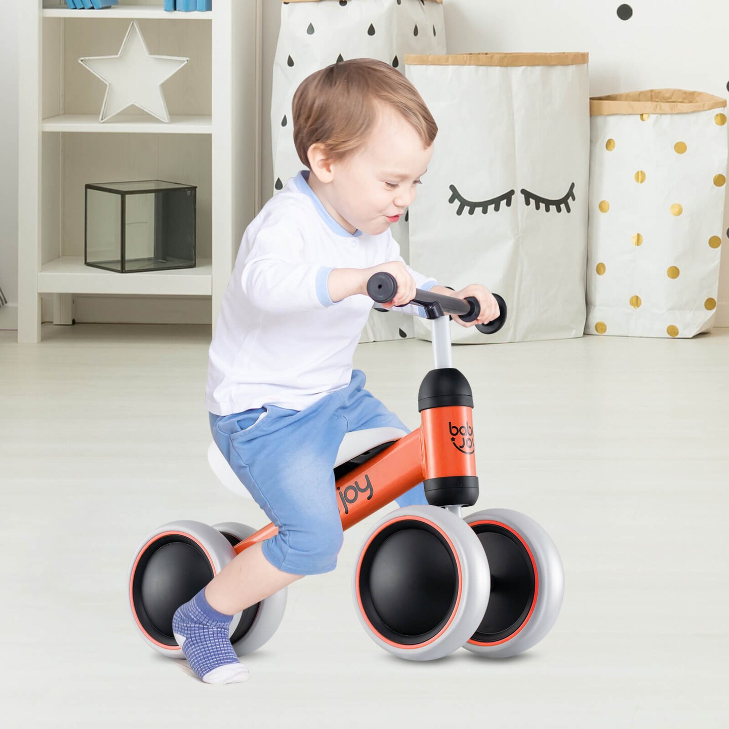 Costway Babyjoy 4 Wheels Baby Balance Bike for 2 Years Old Boys Girls with Soft Seat Ride On Toy Blue/Orange/Pink