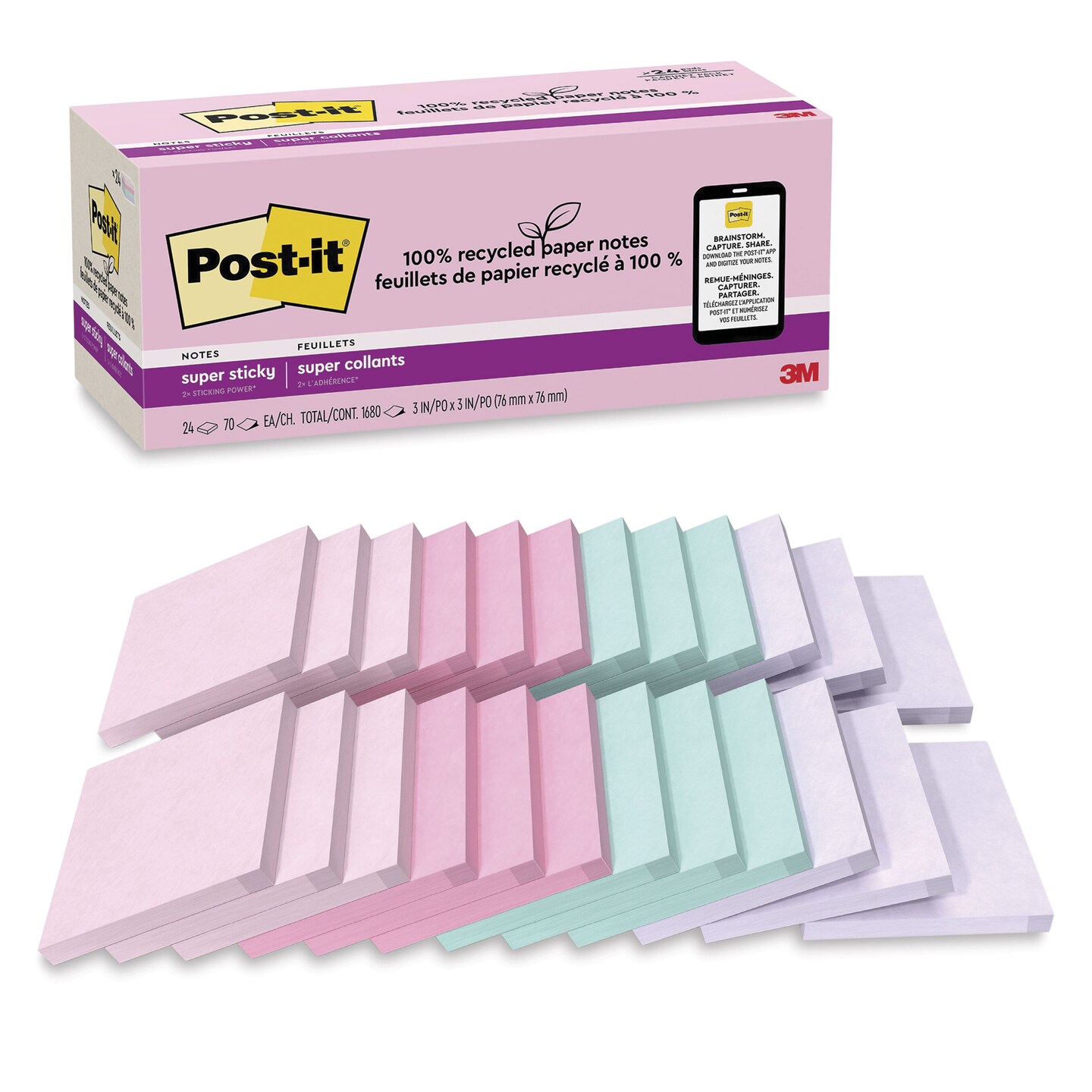 Post-it Recycled Super Sticky Notes - Wanderlust Pastels Collection, 3&#x22; x 3&#x22;, Pkg of 24