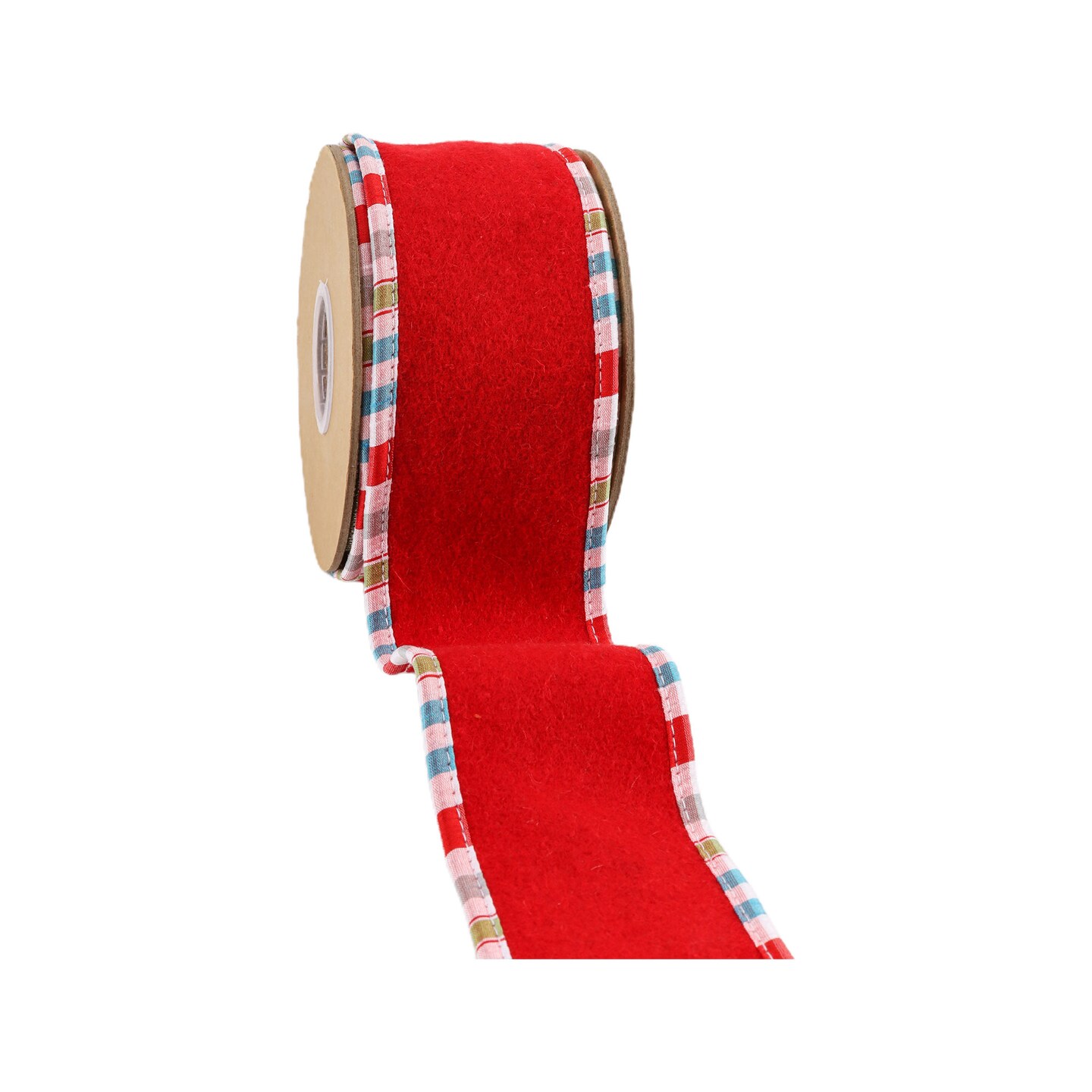 LaRibbons 4" - 2 1/2" Wired Ribbon | Red Felt w/ Teal Plaid Edging | 5 Yard Roll
