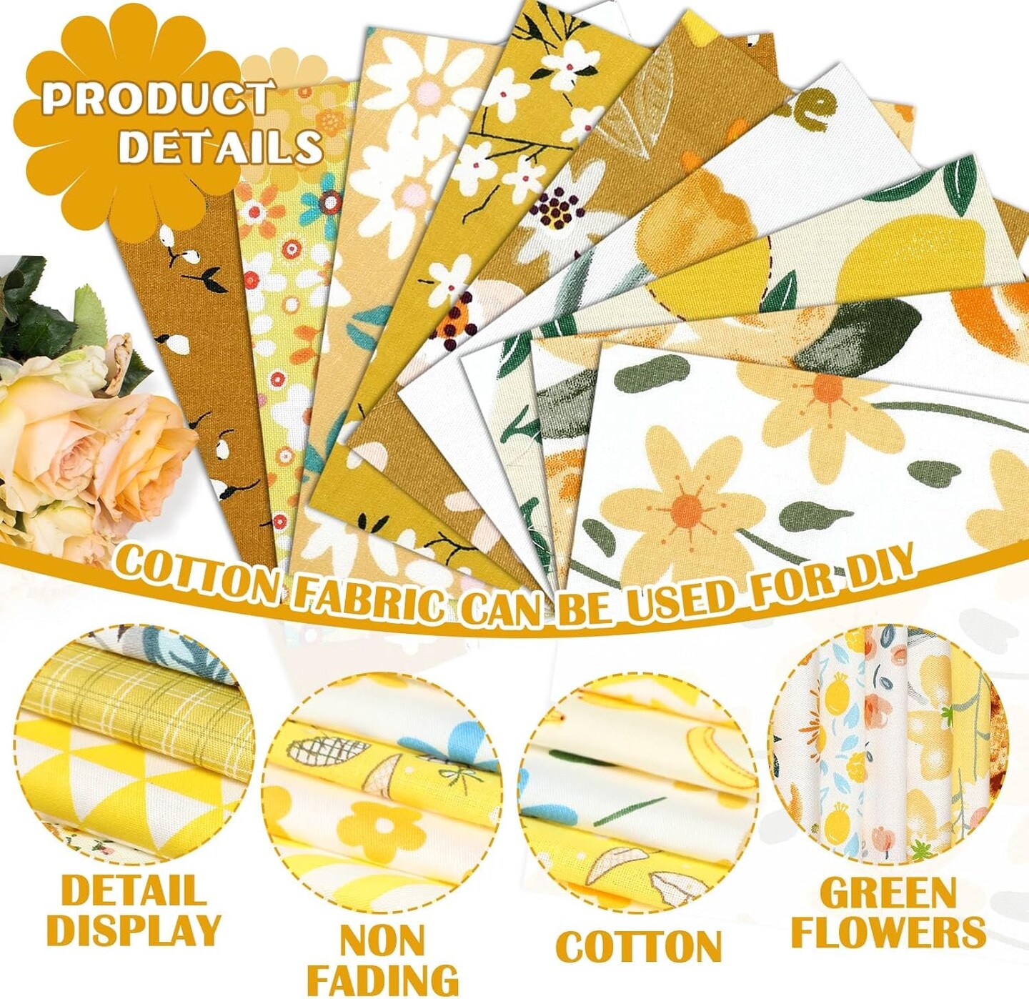 500 Pcs 5 x 5 Inches Cotton Fabric Squares Precut(Yellow Floral)