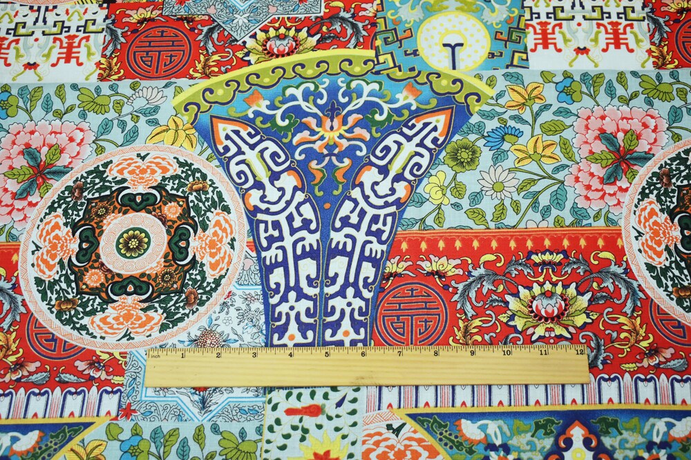 Peach-Teal-Multi Asian Medallion Floral Tile Printed Linen Woven Fabric By the Yard