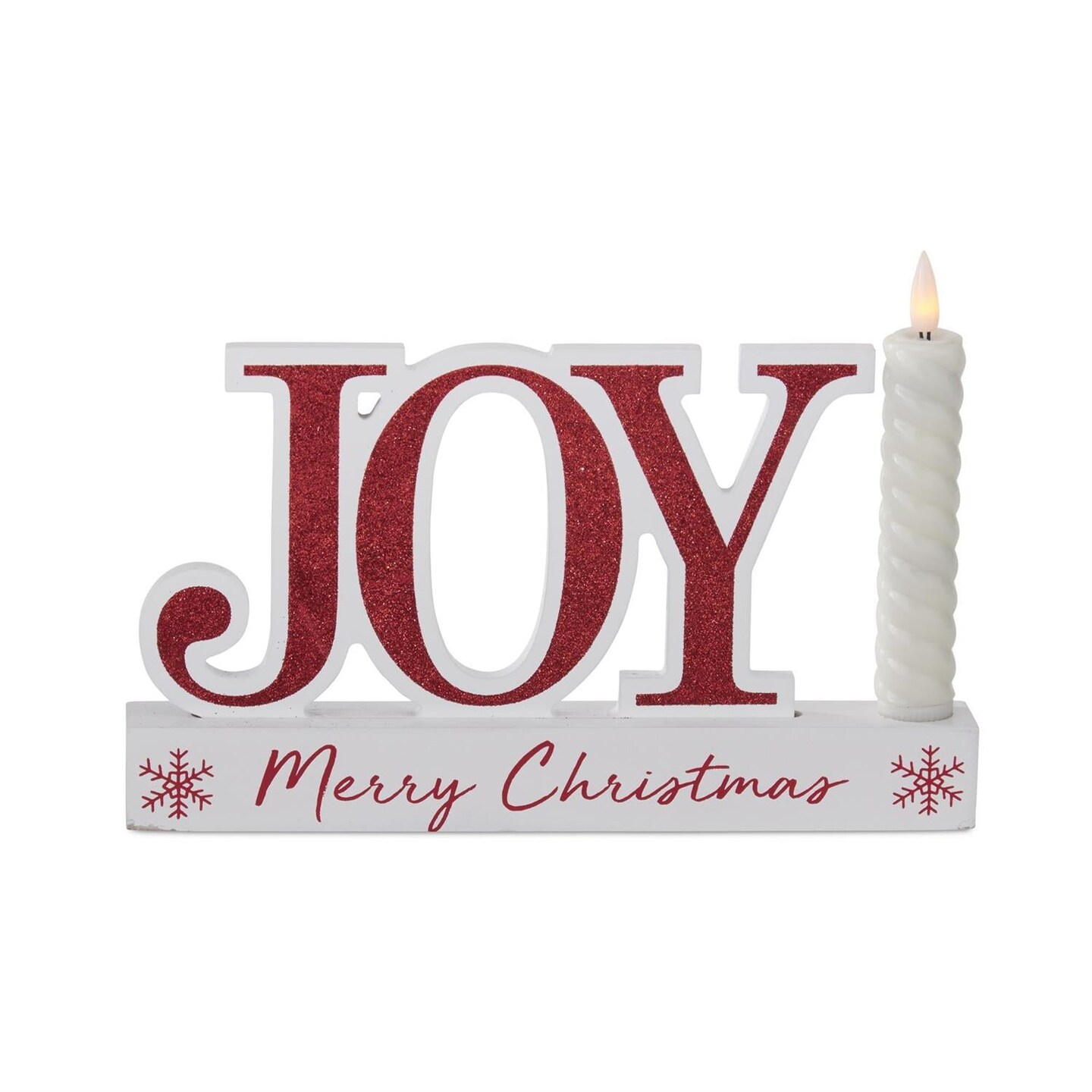 9.5" Red Glitter JOY & BELIEVE Christmas Signs with LED Candle – Holiday Tabletop Decoration