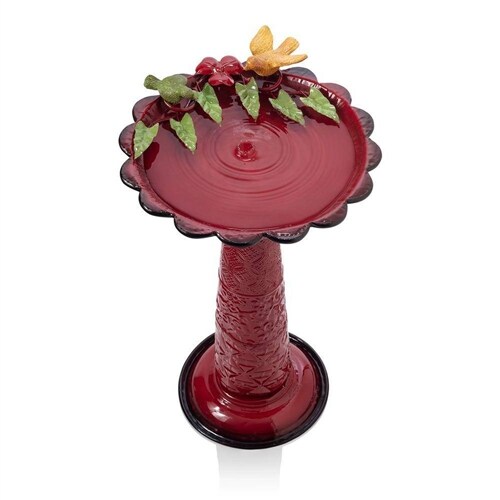 Red Metal Outdoor Birdbath with Decorative Leaf and Bird Figurines for Garden Patio Yard