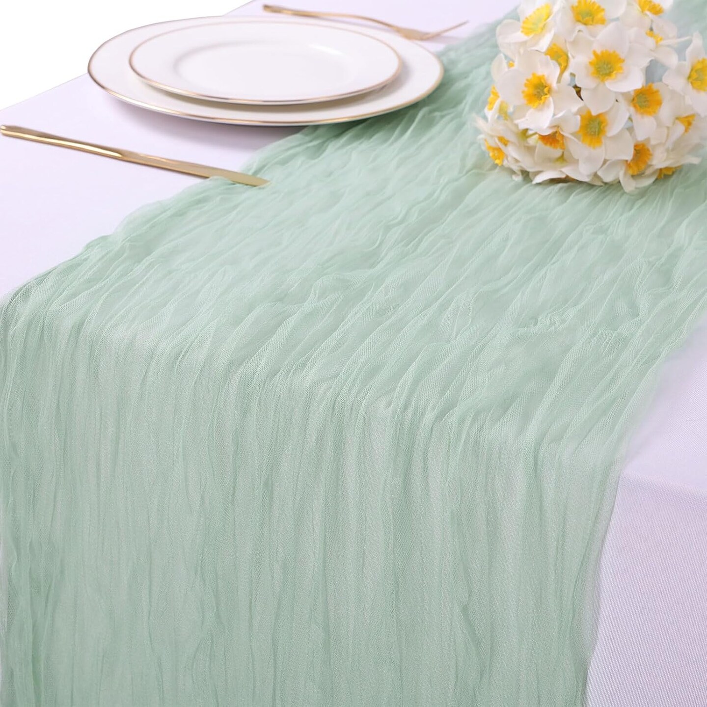 120inch Rustic Boho Tulle 10ft Gauze Sheer Table Runner(Sage Green)