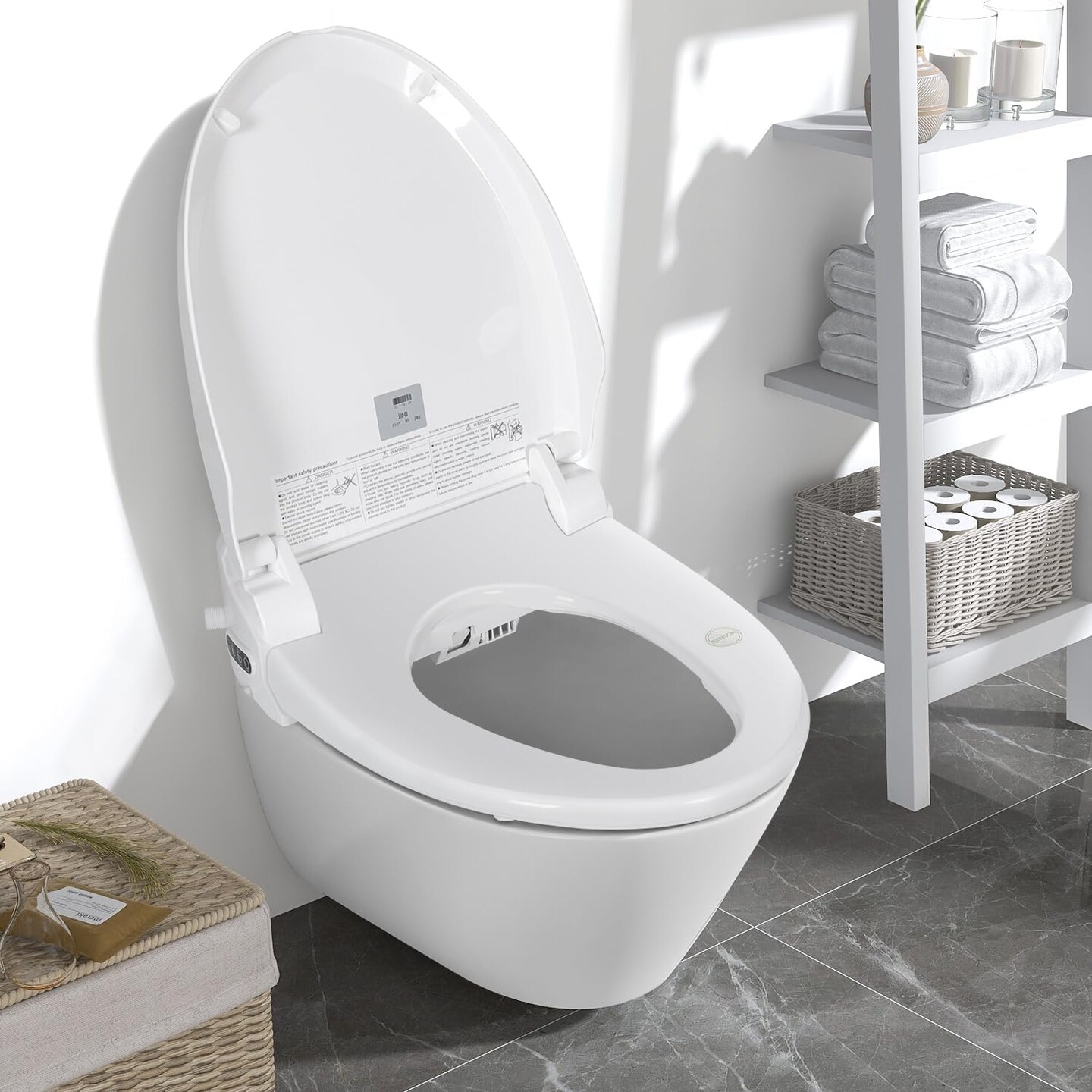 ELECWISH Smart Bidet Toilet Seat with Fully Automatic Adjustment, Stainless Steel Nozzle, Heated Seat, Adjustable Warm Water and Air Dryer, Night Lighting, Power Saving