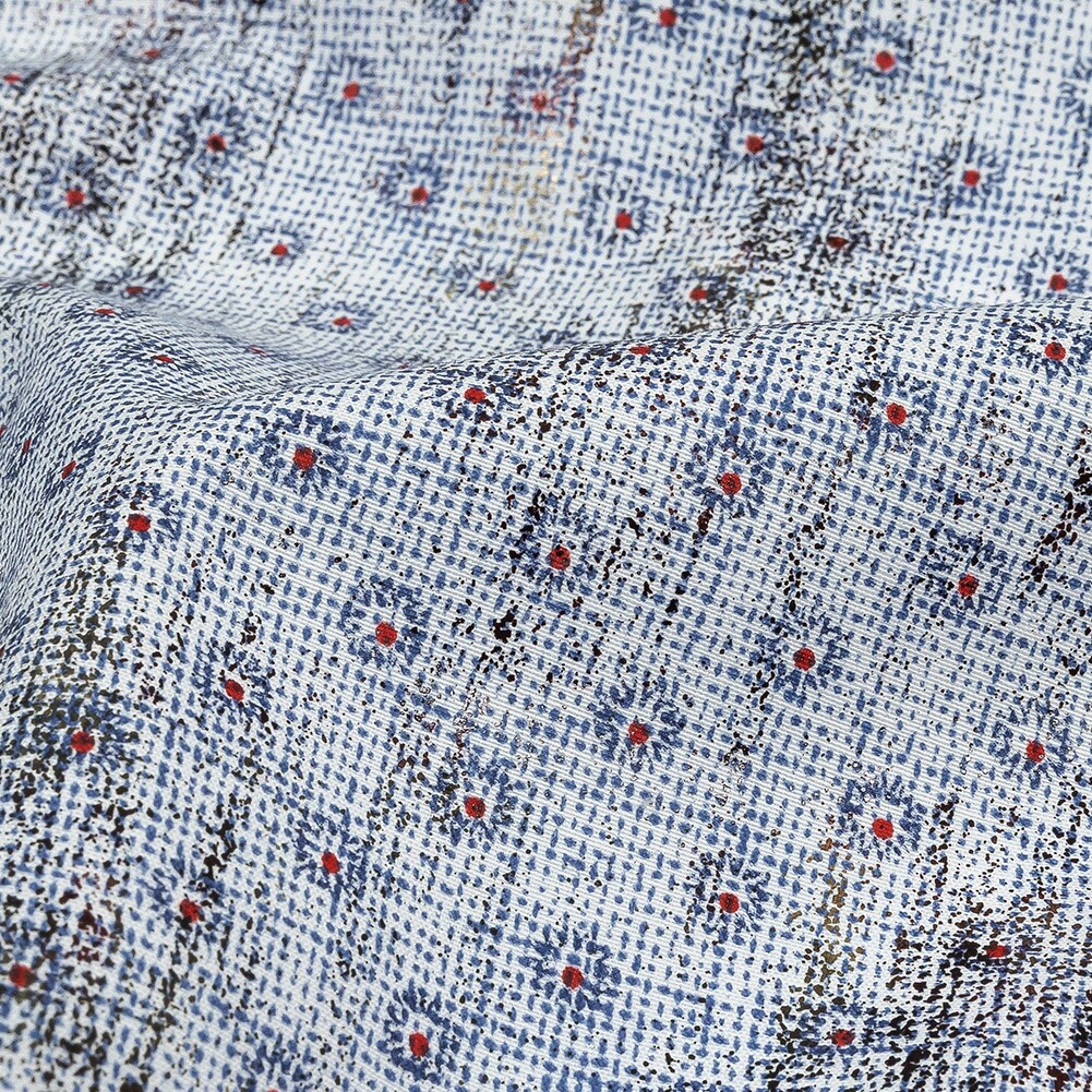 1 Yard Red and Blue Flowers and Dots Cotton and Polyester Shirting with Distressed Foil Topcoat Fabric