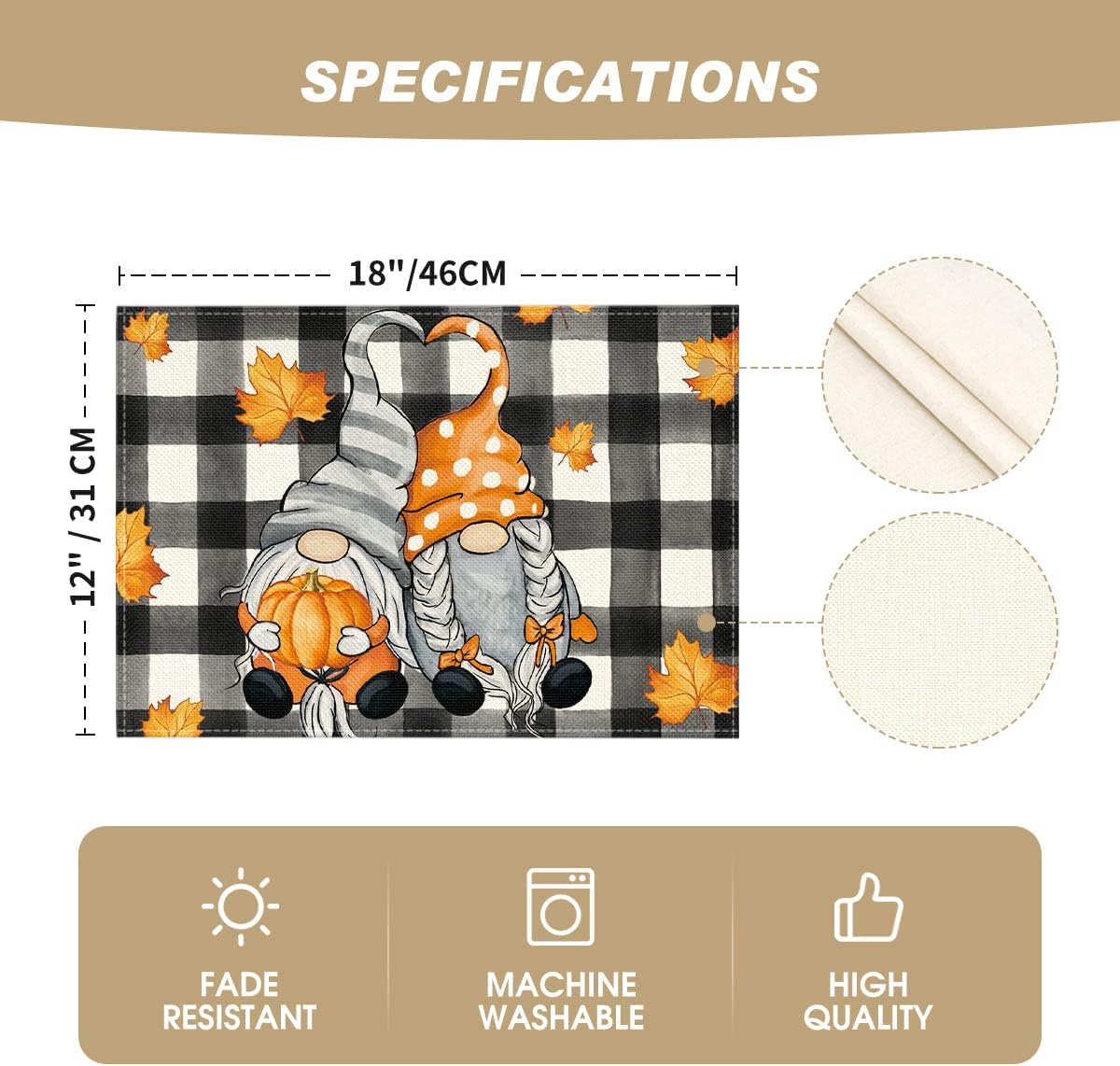 Set of 4 Buffalo Plaid Gnome Fall Placemats - 12x18 Inch