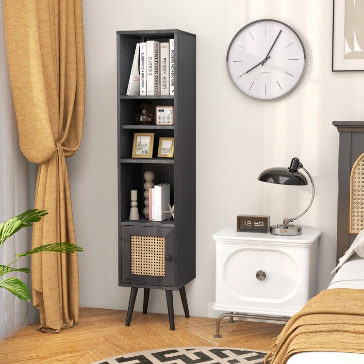 Black Wood and Rattan Floor Cabinet with Adjustable Shelf and Anti-Tip Kits