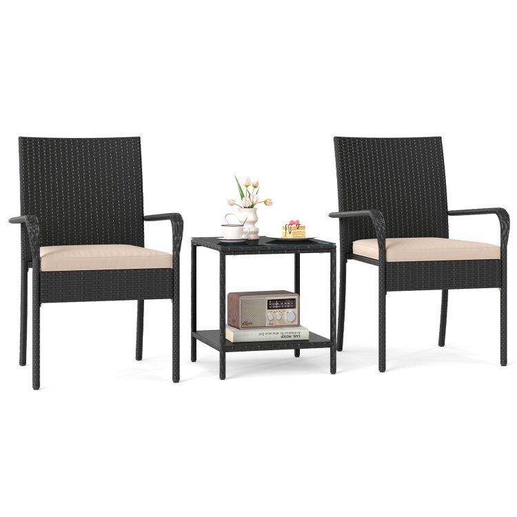 3-Piece Hand-Woven PE Rattan Garden Bistro Set with Cushioned Chairs and Double-Tier Table