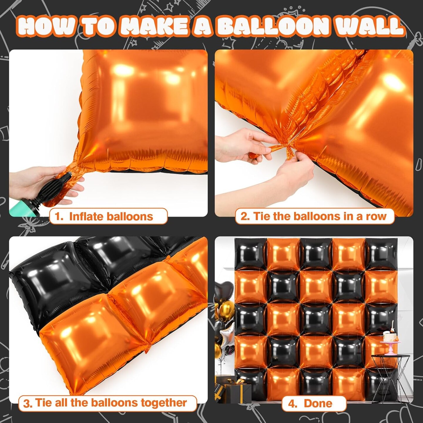Foil Balloons Wall Backdrop Double Sided Black(D05 - Black and Orange)