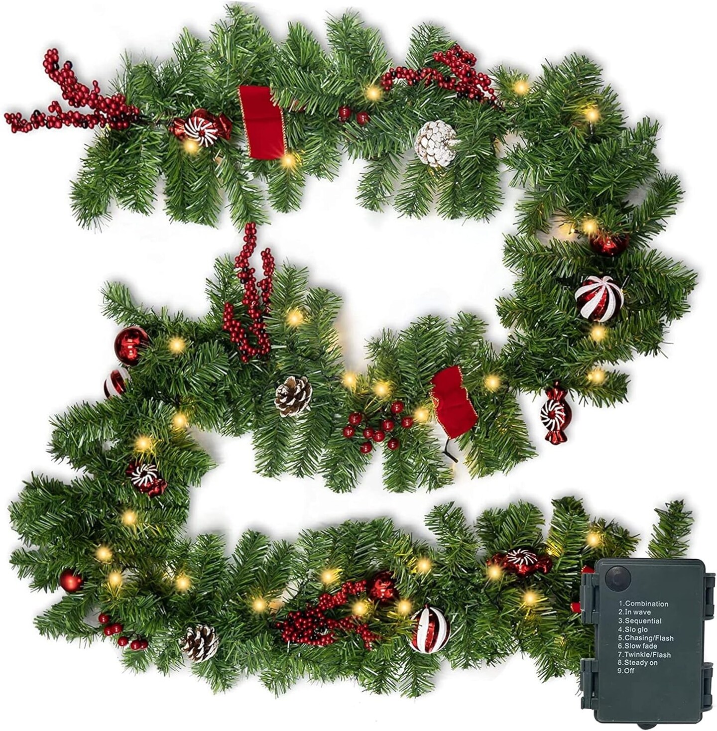 1 Pack 9FT Christmas Garland with 50 LED Lights - Battery Operated with 8 Modes