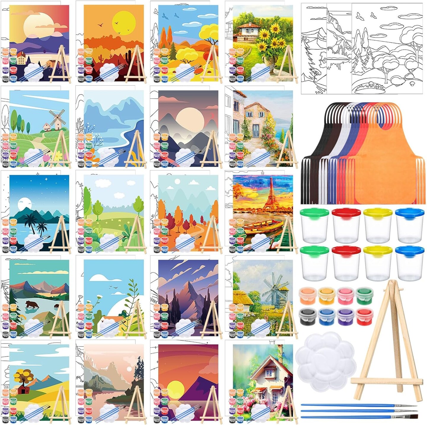 140 Pcs 20 Set Pre Drawn Canvas Kit for Painting Craft Sip and Paint Kit for Adults Pre Printed Canvas Painting Favor for Virtual DIY Birthday Gifts Adult's Date Party(Sceneries)