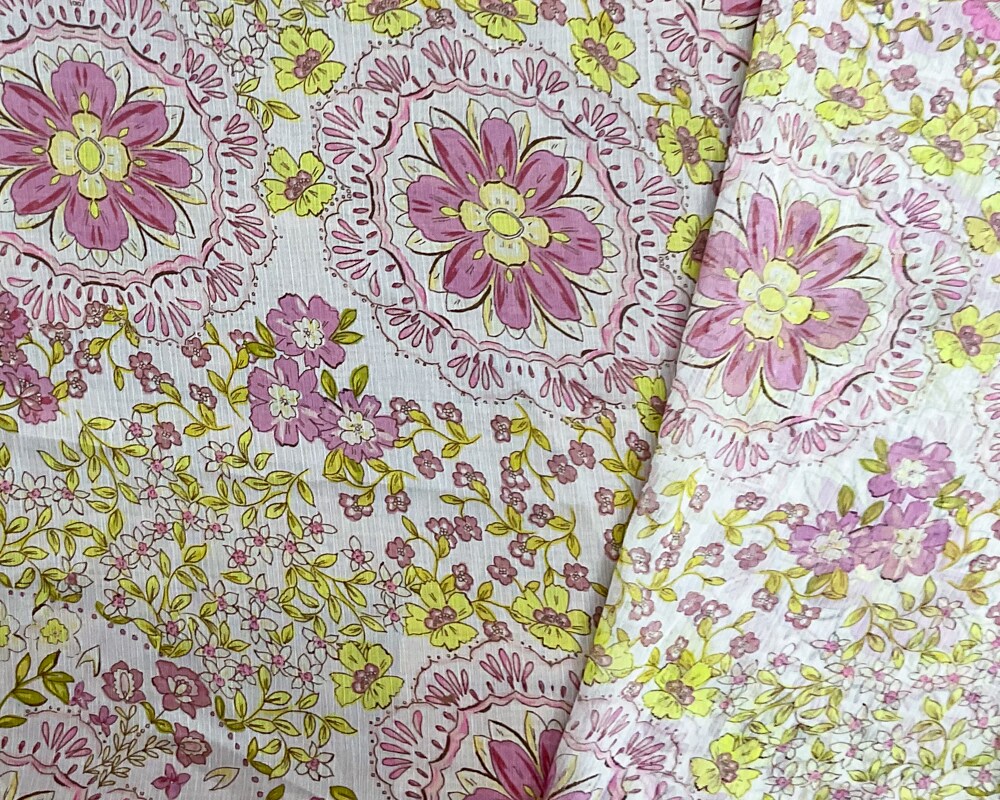 Ivory-Green-Multi Poly Floral Printed Crinkle Yoryu Chiffon Woven Fabric By the Yard