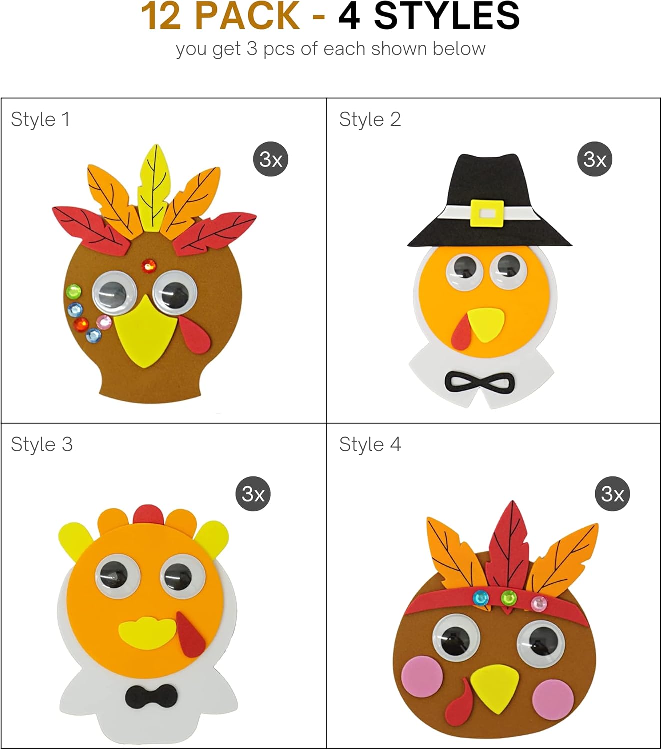 4E&#x27;s Novelty 4 Pack Thanksgiving Crafts for Kids &#x2013; Pilgrim Turkey Foam Magnet Craft Kit, DIY Fall Turkey Arts &#x26; Crafts for Toddlers Ages 3-8, Classroom, School, Friendsgiving Party Favors