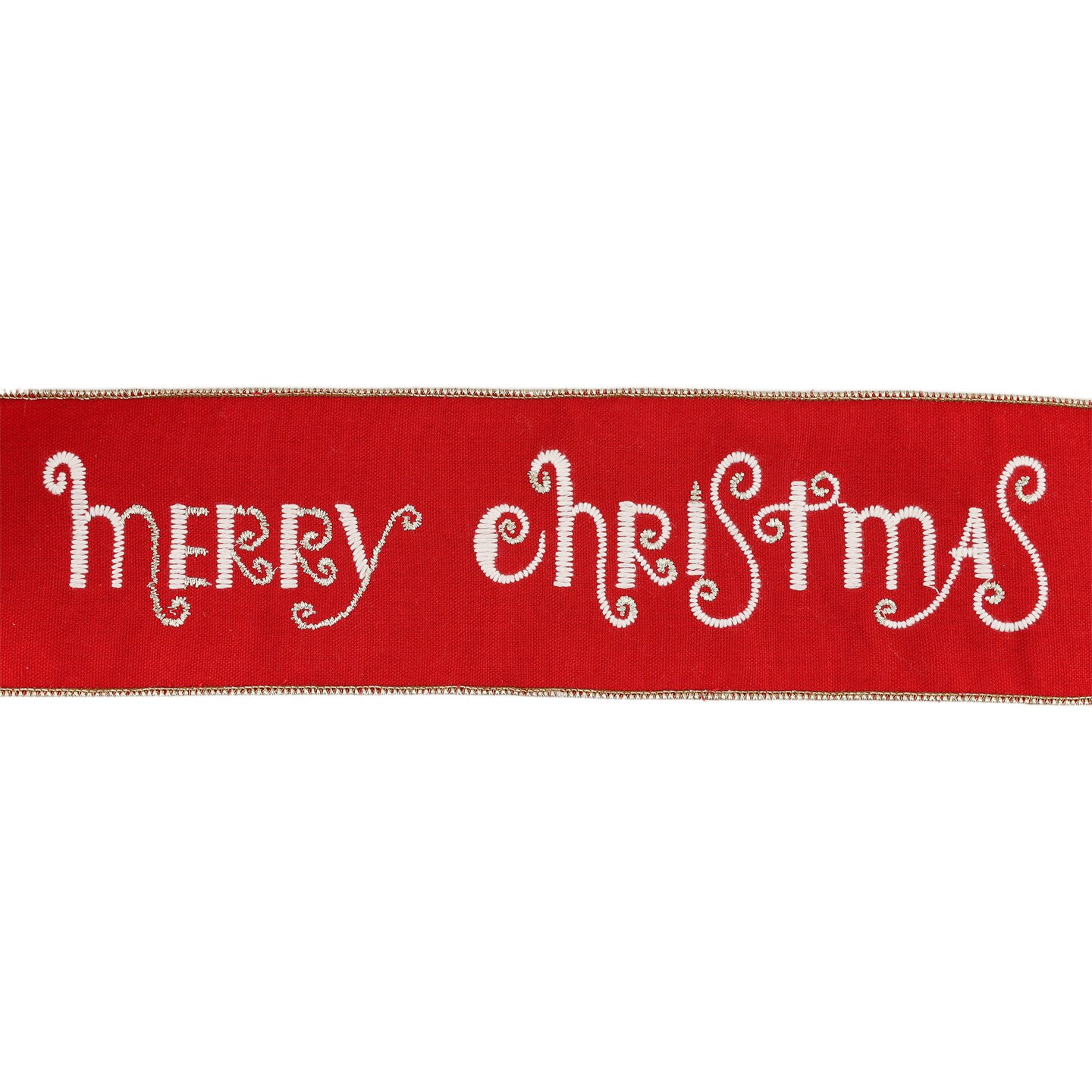 LaRibbons 4" Wired Ribbon | Merry Christmas Embroidered on Red Canvas w/ Tissue Backing | 5 Yard Roll