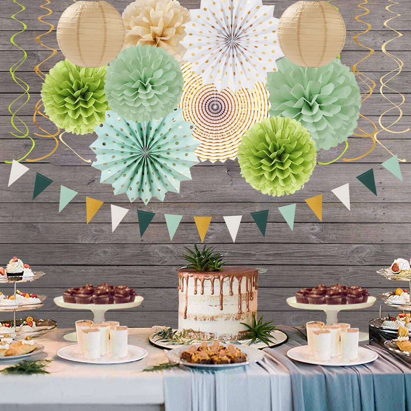 Sage-Olive Green Gold Brown Boho Party-Decorations(Green-white)