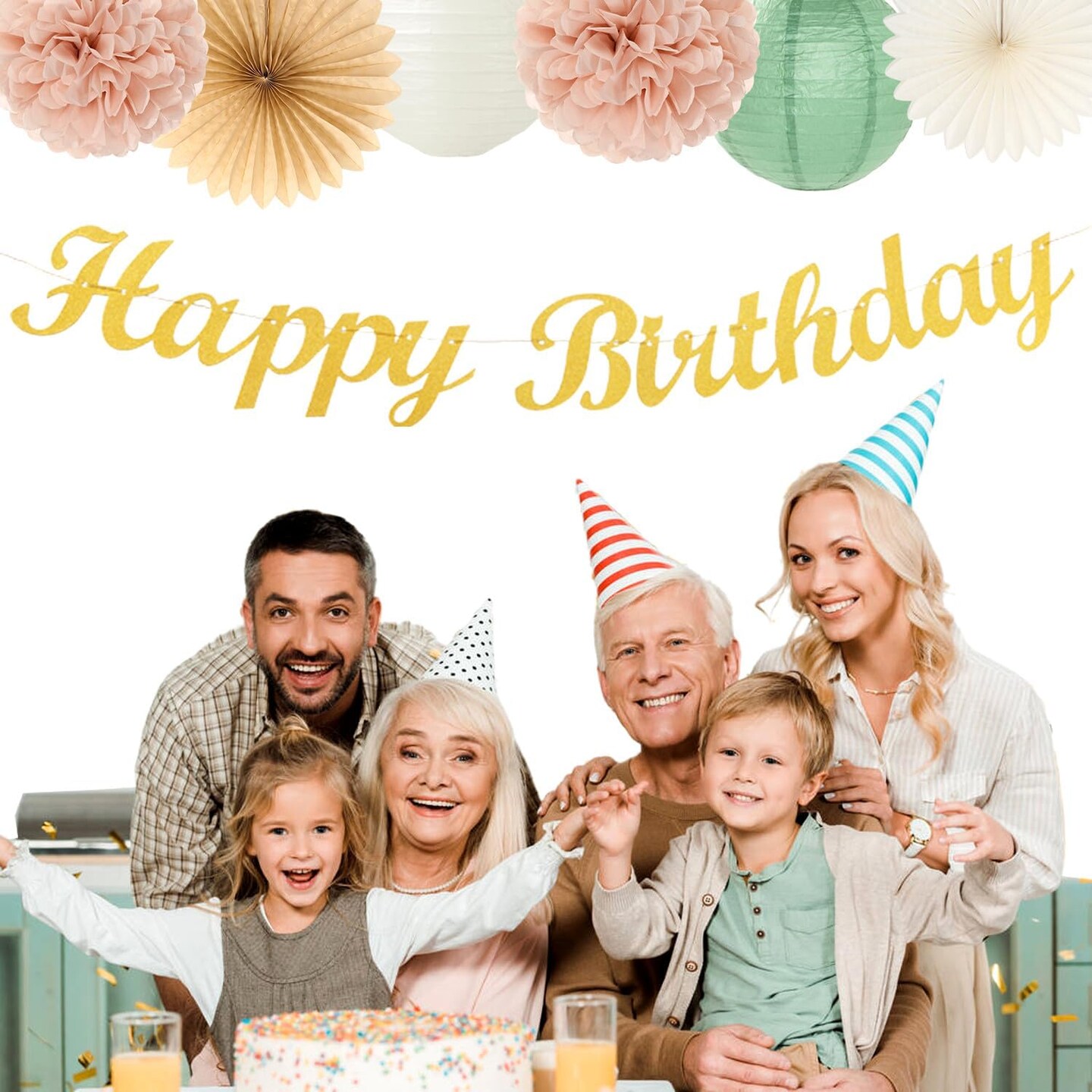 14pcs Happy Banner 21st Spring Paper Flowers Lanterns Beige Tissue Pom Poms(Sage-green Blush-beige)