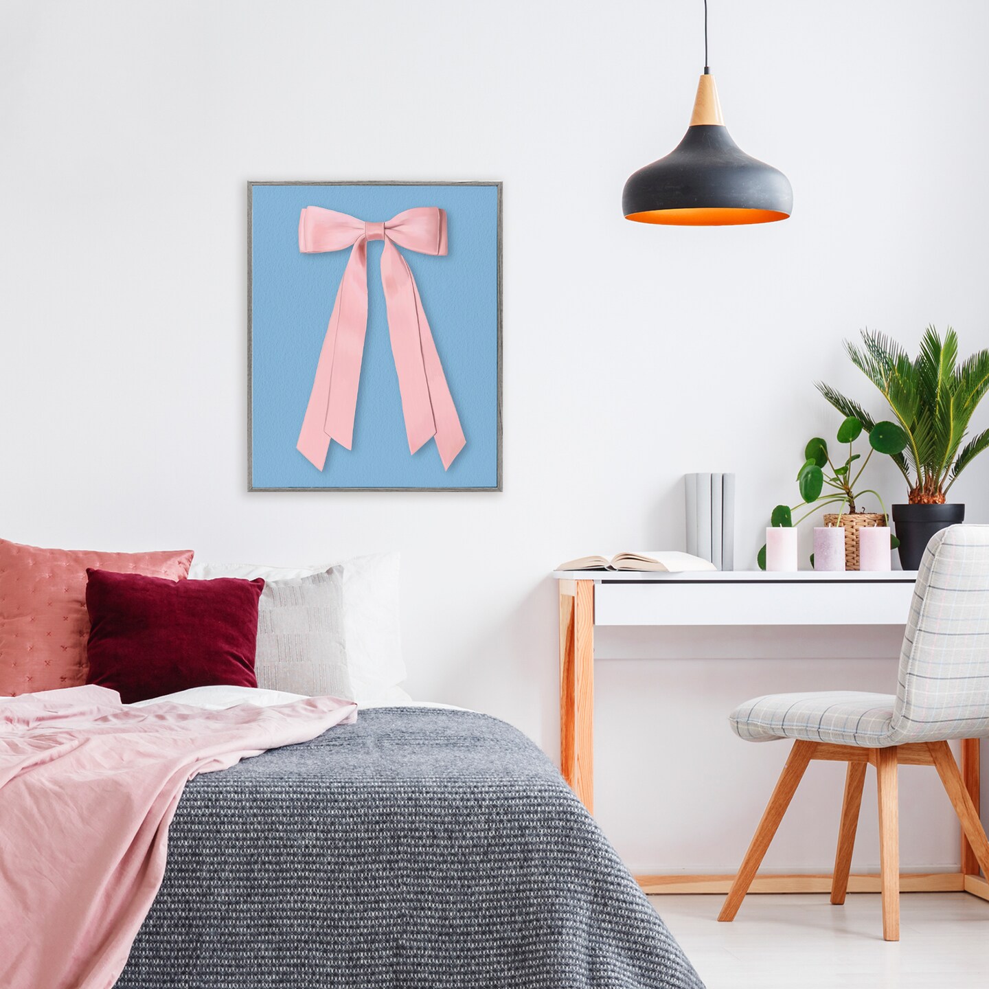 Stupell Industries Pink Satin Bow on Blue Framed Giclee, design by Jilly Jack Designs