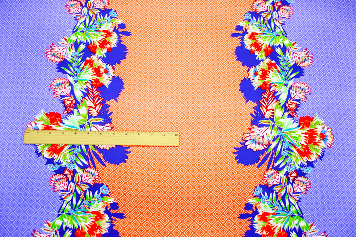 Blue-Coral-Multi Poly Border Floral Diamond Printed Crepe Woven Fabric By the Yard