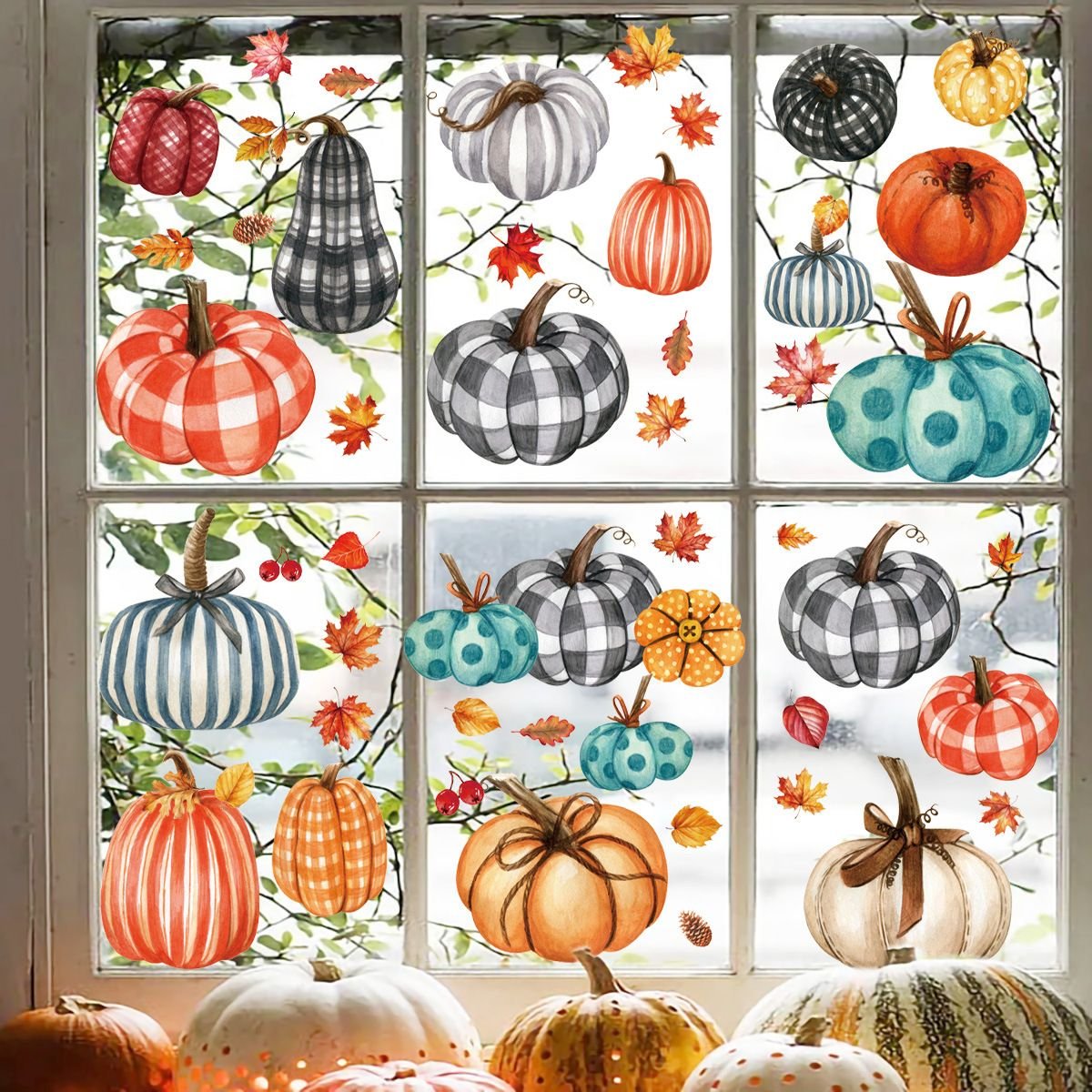98 PCS Thanksgiving Window Clings 9 Sheets Fall Window Clings Pumpkin Maple Leaves Window Decals Double-Sided Window Stickers for Autumn Thanksgiving Harvest Party Home Window Glass Mirror Decor