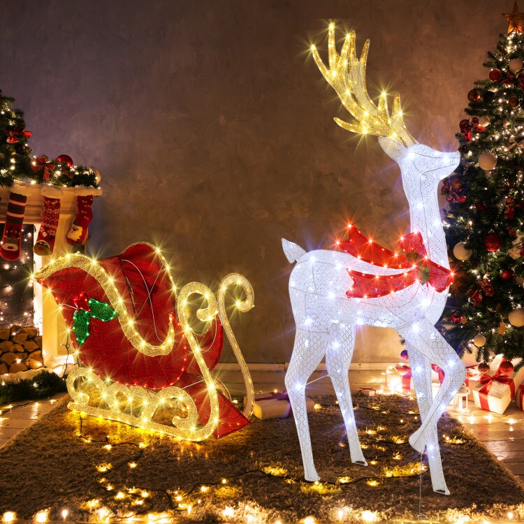 White Red Green Outdoor LED Christmas Reindeer and Sleigh Yard Decoration with 462 Lights