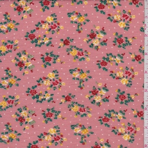 Dark Blush Mini Floral Pindot Brushed French Terry Knit Fabric By the Yard