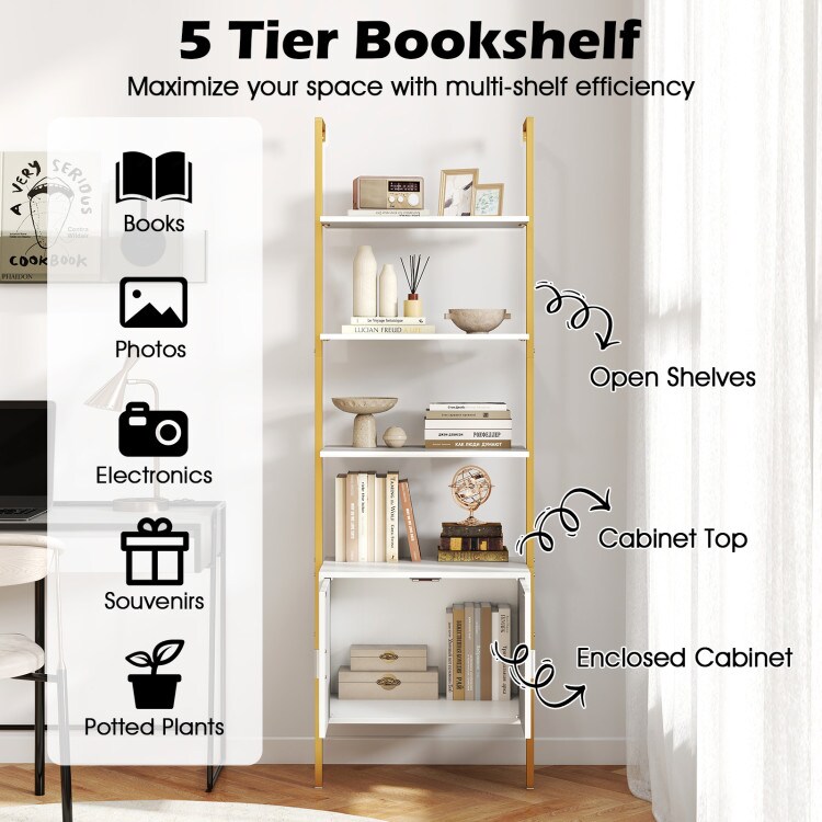 5-Tier Bookshelf with Cabinet and Sturdy Metal Construction