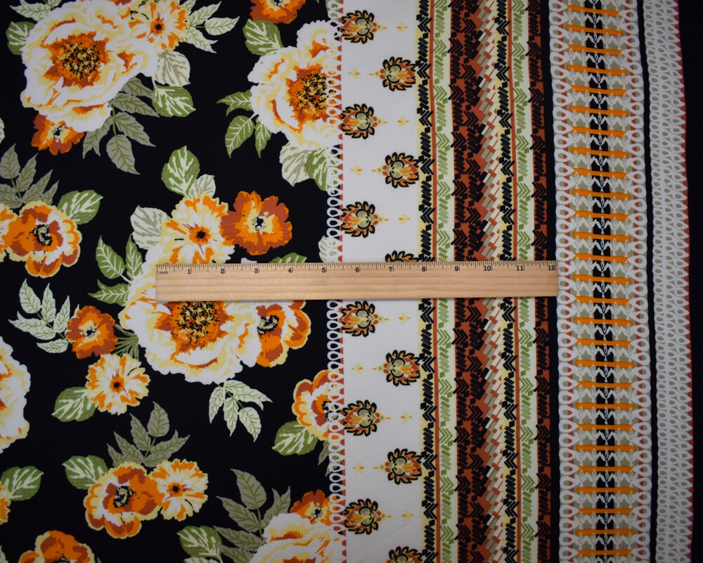Black-Orange-Multi Poly Floral Stripe Geometry Border Print Pebble Crepe Woven Fabric By the Yard