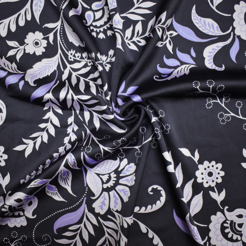 Deep Navy-Purple-Multi Polyester Floral Printed Charmeuse Woven Fabric By the Yard