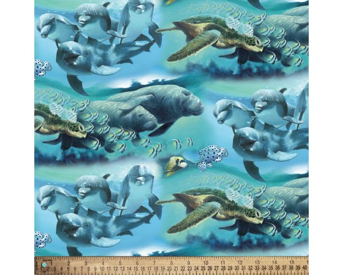 Dolphins Sea Turtles Ocean Friends Digital Cotton Print Fabric | By the Yard | Sewing and Crafting | 44 inches wide