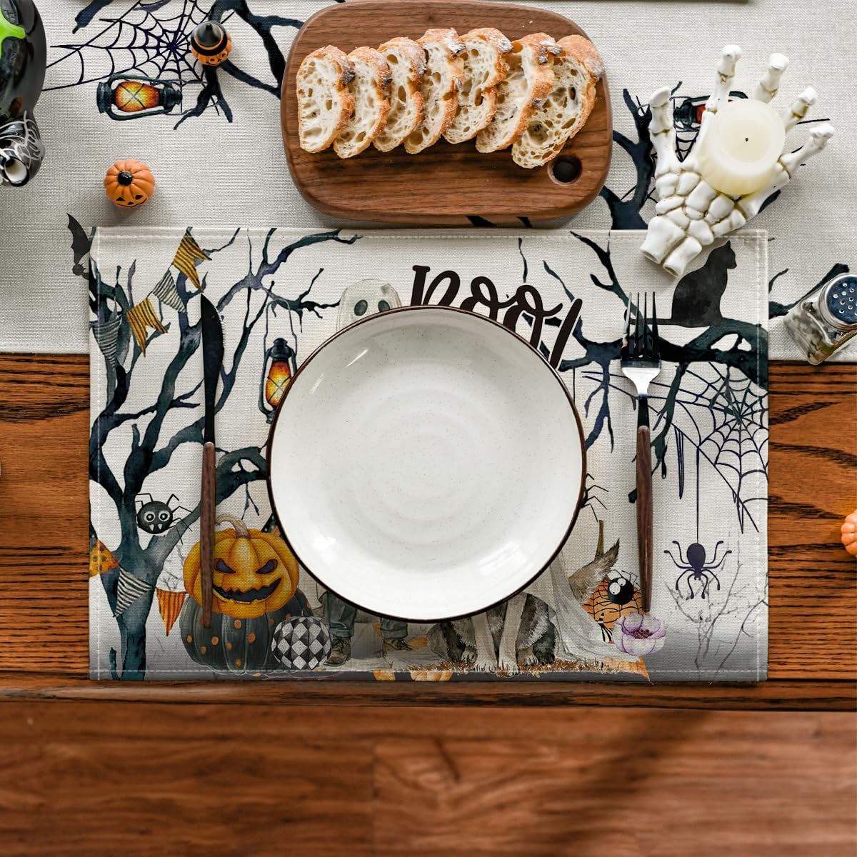 Set of 4 Ghost Pumpkins Halloween Placemats - 12x18 Inch (Black/Beige)