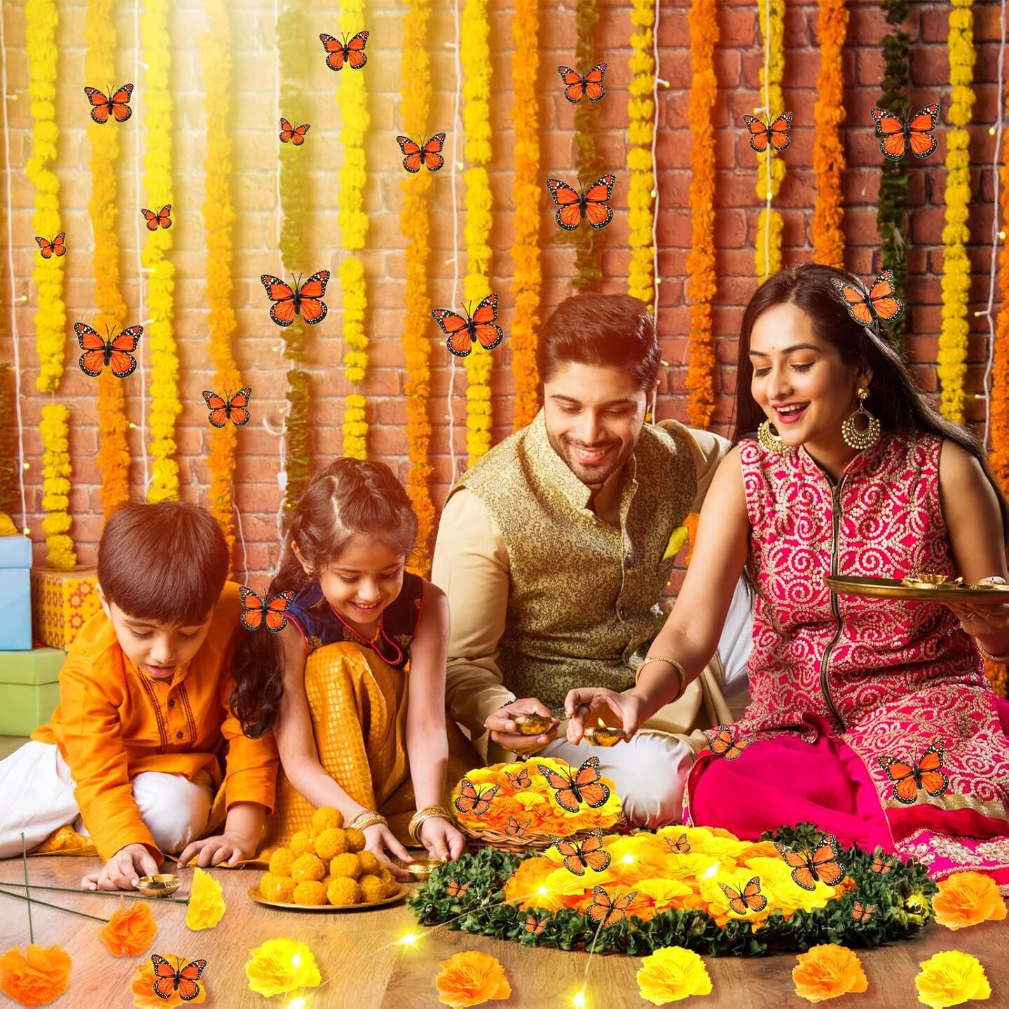 120 Pcs Day of The Dead Decorations - Flowers with Butterflies (Orange, Yellow)