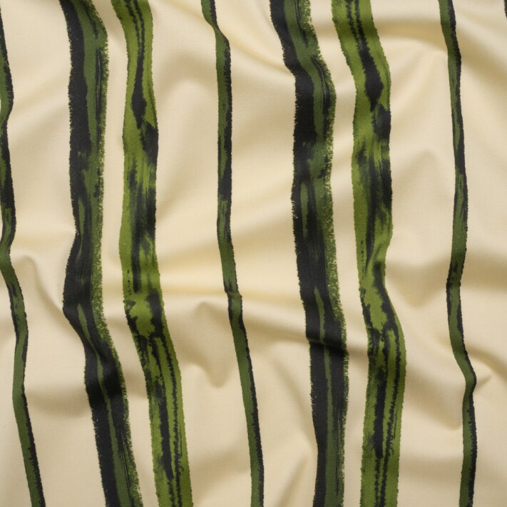 1 Yard Stretch Cotton Sateen Fabric Cream and Green Painted Stripes Verdant Trail Print