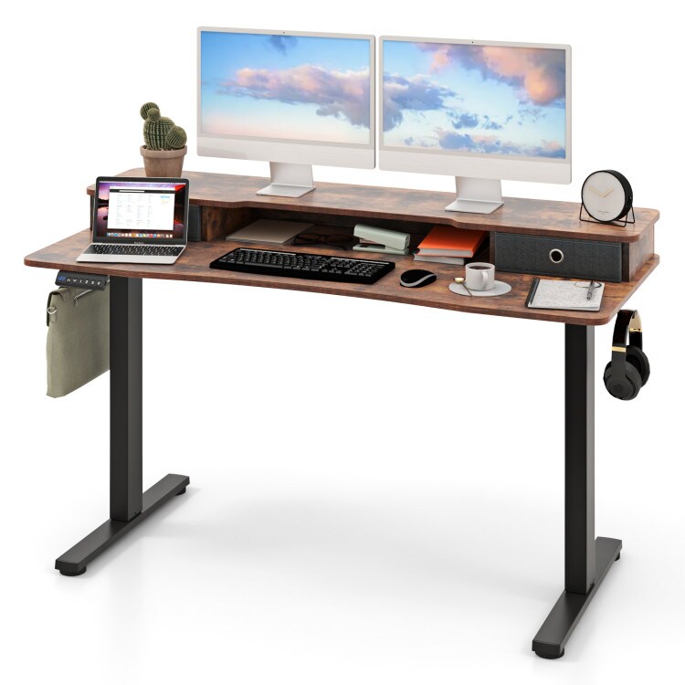 Rustic Brown Adjustable Height Electric Standing Desk with Fabric Storage Drawers and Cable Management Hole
